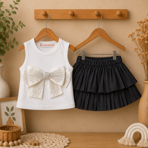 Bow Embellished Top with Layered Skirt Set