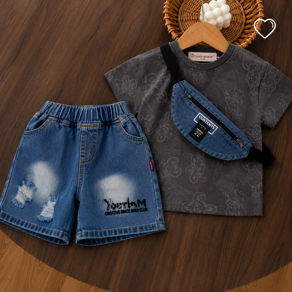 Boys Printed Cotton T-Shirt & Denim Shorts Co-Ord Set with Matching Sling Bag