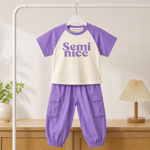 Girls Cotton “Semi Nice” Printed Co-ord Set with Cargo Jogger Pant