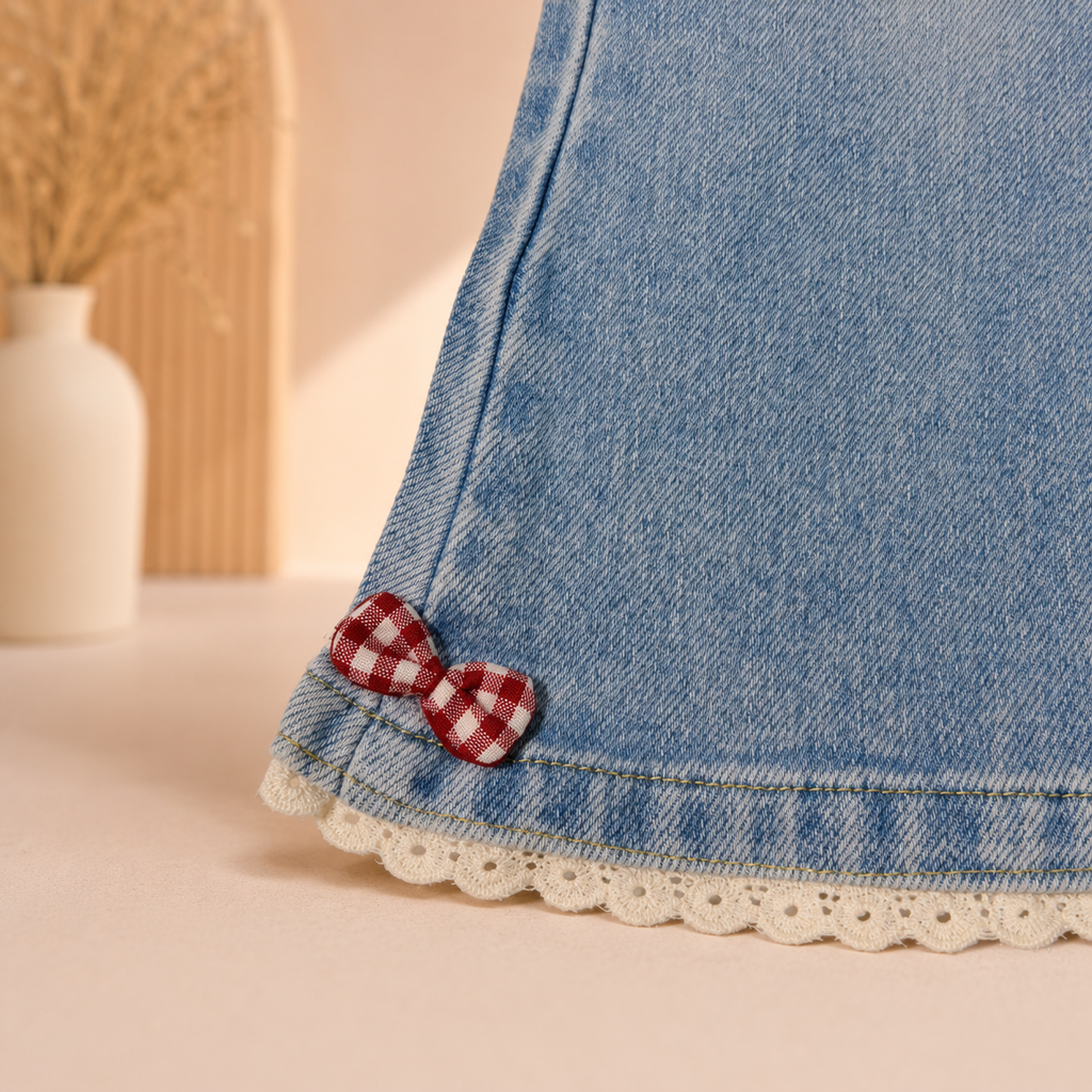Girls Light Wash Denim Flared Jeans with Bow & Lace Hem