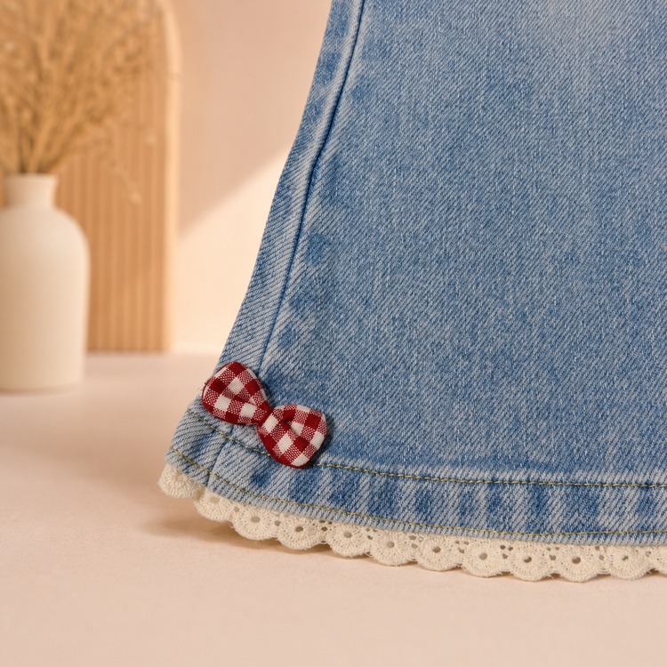 Girls Light Wash Denim Flared Jeans with Bow & Lace Hem