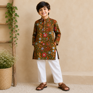 Boys Olive Green Floral Kurta Set with White Pants