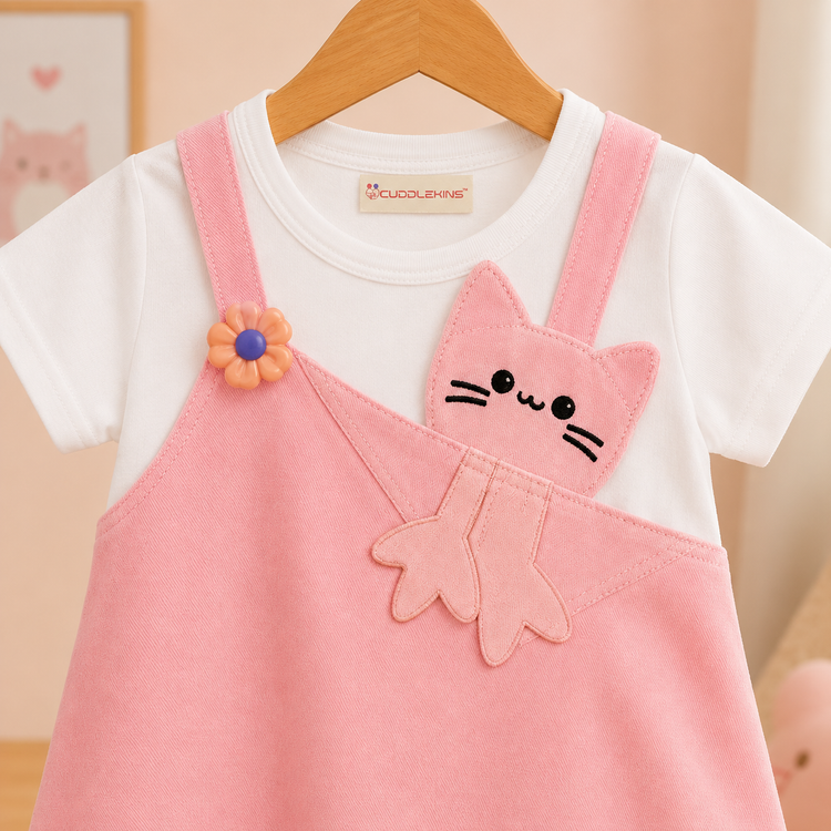 Girls Pink Kitty Layered Cotton frock