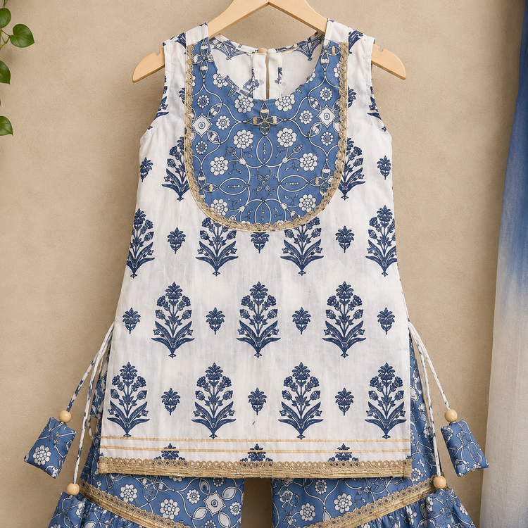 Girls Blue Floral Sharara Set with Ombre Dupatta