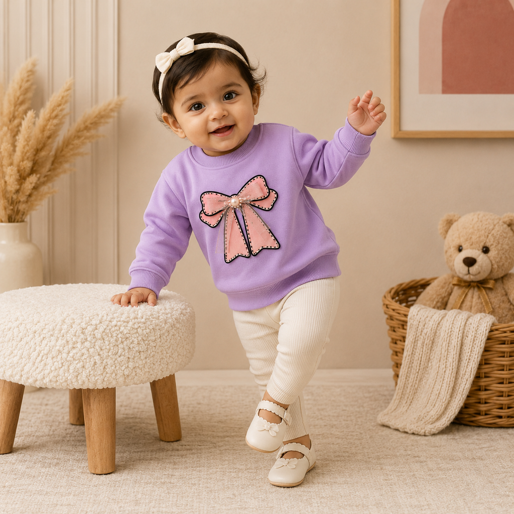 Kids Bow Print Sweatshirt – Lavender