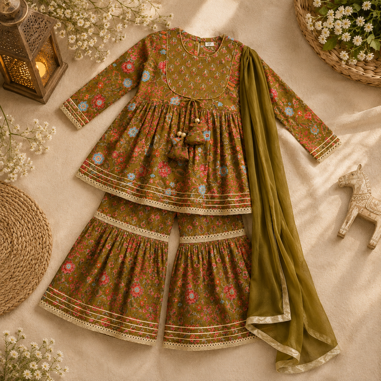 Girls Olive Green Floral Sharara Set with Dupatta