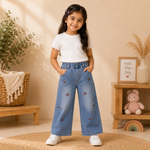 Kids Light Blue Wide-Leg Denim Jeans with Cherry Embroidery & Elastic Waist