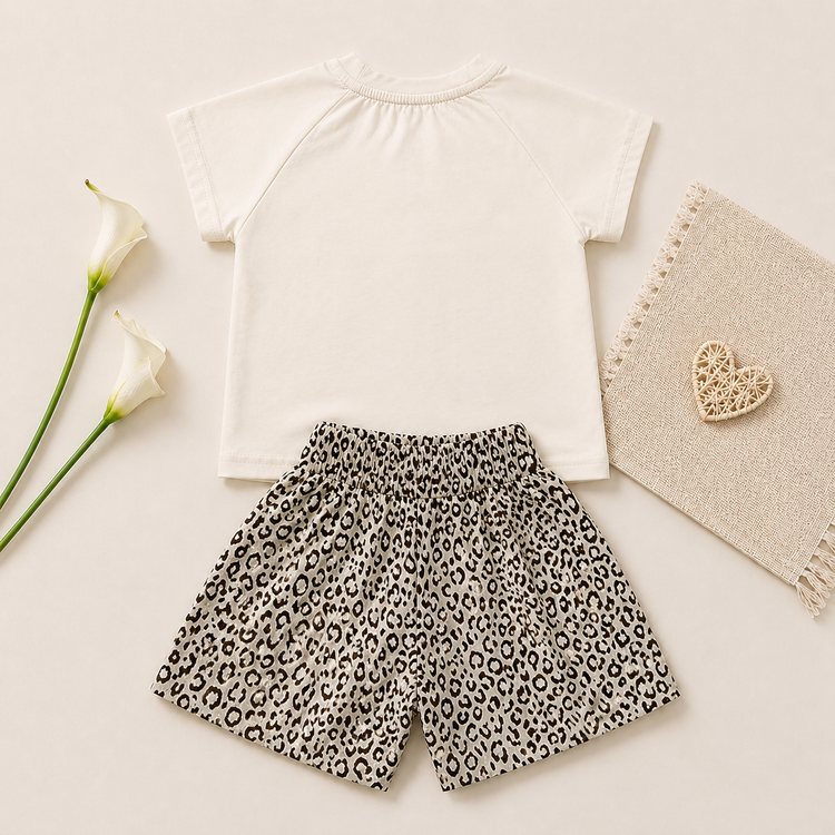 Girls Cotton Kitty Print T-Shirt with Leopard Print Shorts Co-ord Set..
