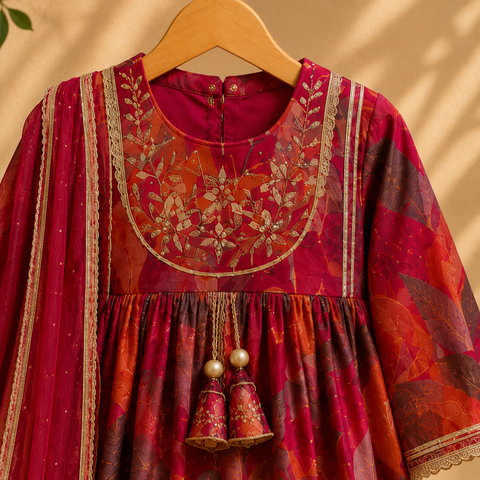 Girls Festive Floral Print Kurti Sharara Set with Dupatta
