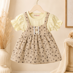 Girls cotton printed puff sleeves dress - cream beige