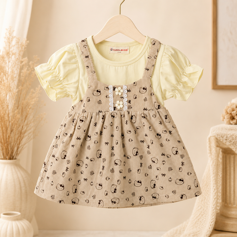 Girls cotton printed puff sleeves dress - cream beige