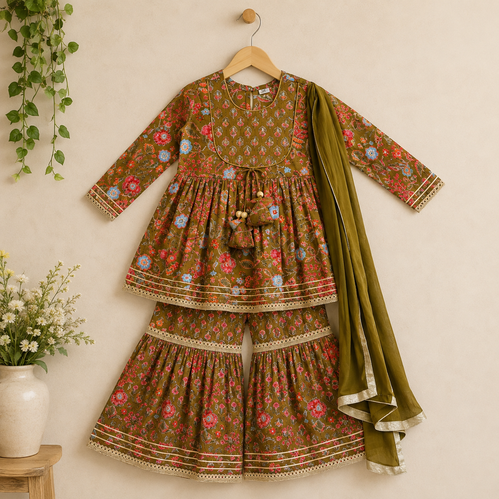 Girls Olive Green Floral Sharara Set with Dupatta
