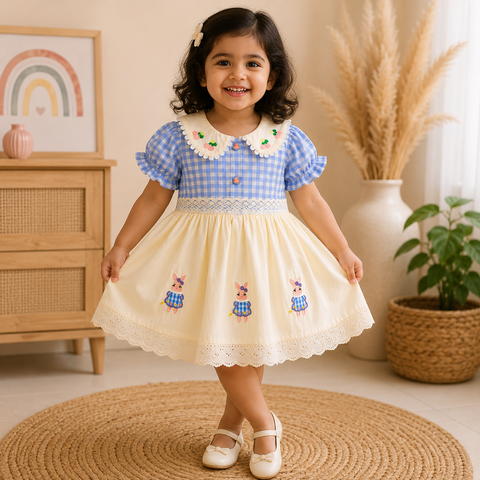 Girls Bunny Embroidered Dress – Blue