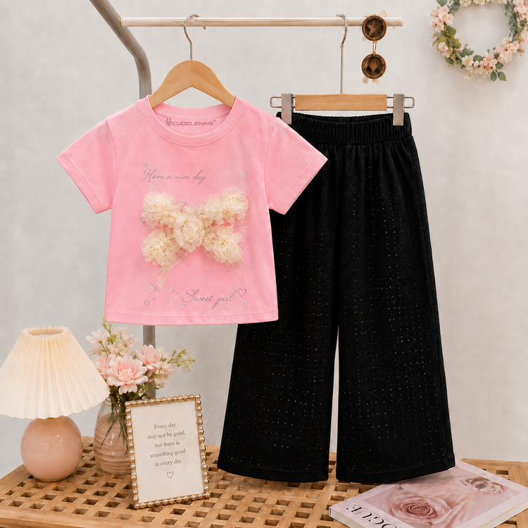Girls Pink 3D Floral Bow Cotton T-Shirt & Glitter Wide Leg Pants Co-Ord Set