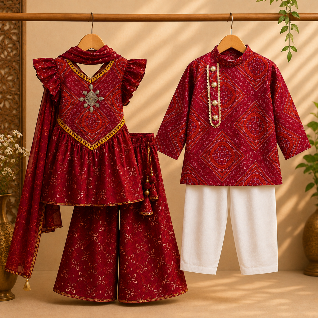 Ruby Bandhani Sibling Twinning Festive Set