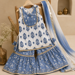 Girls Blue Floral Sharara Set with Ombre Dupatta