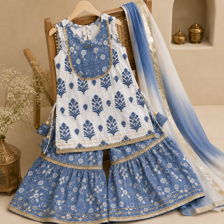 Girls Blue Floral Sharara Set with Ombre Dupatta