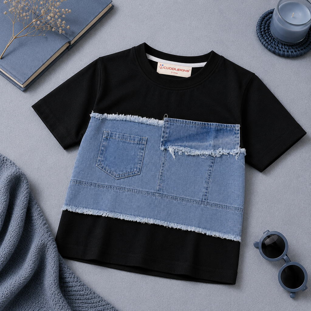 Boys Black Cotton T-Shirt with Denim Patchwork Design