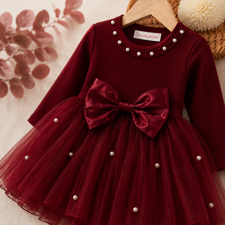 Girls Maroon Pearl Neck Party Wear Net Frock with Bow