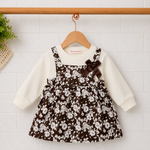 Girls premium Floral Pinafore Dress with Full Sleeve attached Top for pre wintets – cocoa Brown &amp; cream