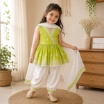 Girls Lime Green Embroidered Kurta Set with Dupatta