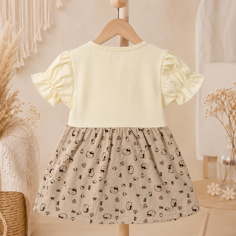 Girls cotton printed puff sleeves dress - cream beige