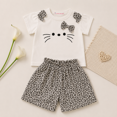 Girls Cotton Kitty Print T-Shirt with Leopard Print Shorts Co-ord Set..