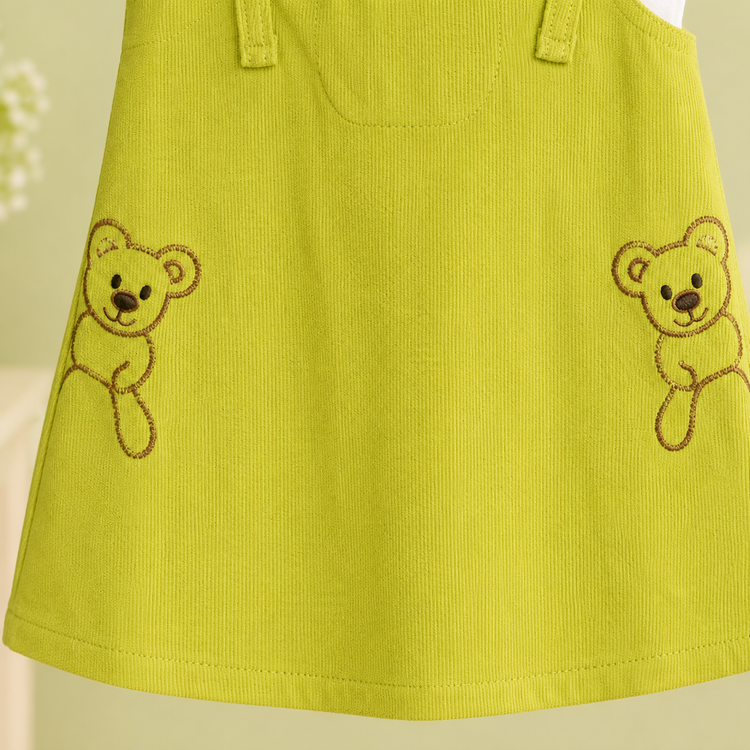 Girls Bear Print Layered Cotton Frock with Teddy Embroidery