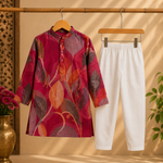 Boys Festive Leaf Print Kurta & White Pyjama Set