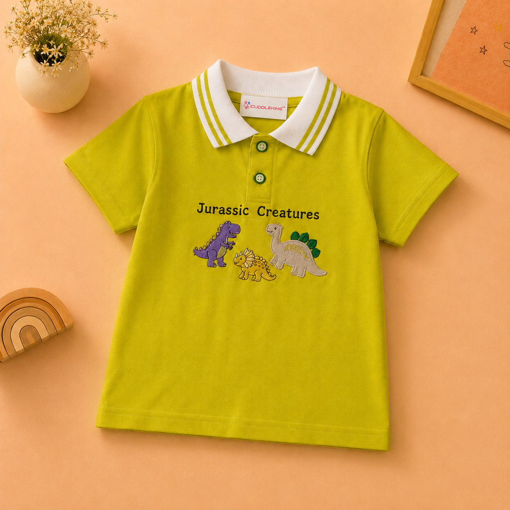 Boys Lime Green Cotton Polo T-Shirt with 3D Dinosaur Appliqué