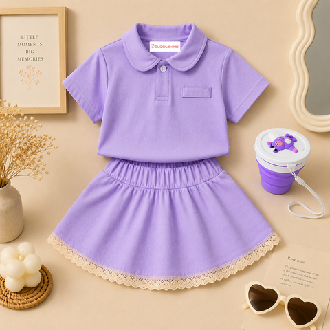 Lavender Polo T-Shirt & Skirt Co-ord Set with Free Foldable Silicone Cup