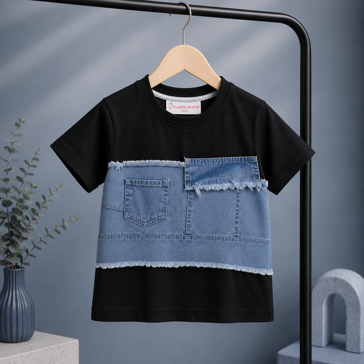 Boys Black Cotton T-Shirt with Denim Patchwork Design