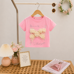 Girls Pink 3D Floral Bow Cotton T-Shirt & Glitter Wide Leg Pants Co-Ord Set