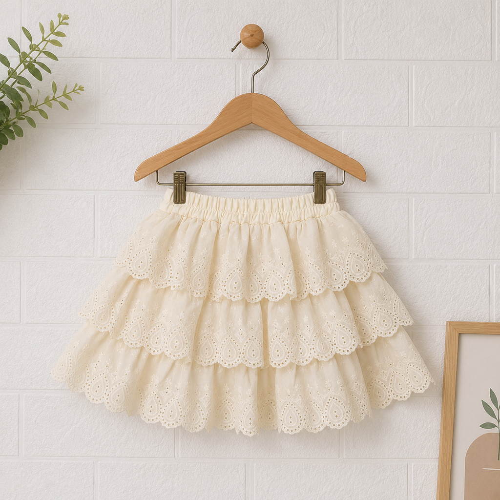 Girls Lace Collar Top & Layered Eyelet Skirt Set