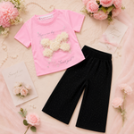 Girls Pink 3D Floral Bow Cotton T-Shirt & Glitter Wide Leg Pants Co-Ord Set