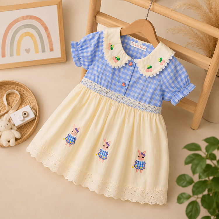 Blue Checkered Bunny Embroidery Dress