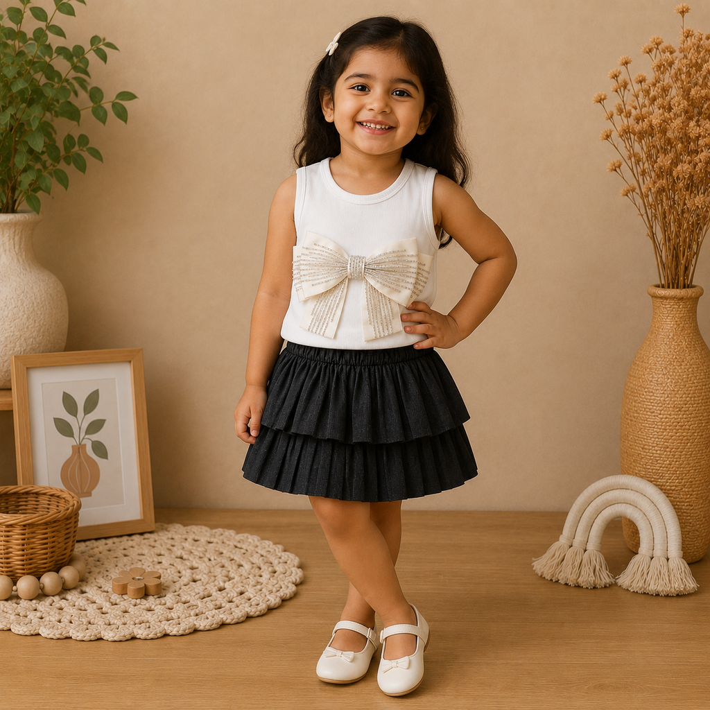 Bow Embellished Top with Layered Skirt Set