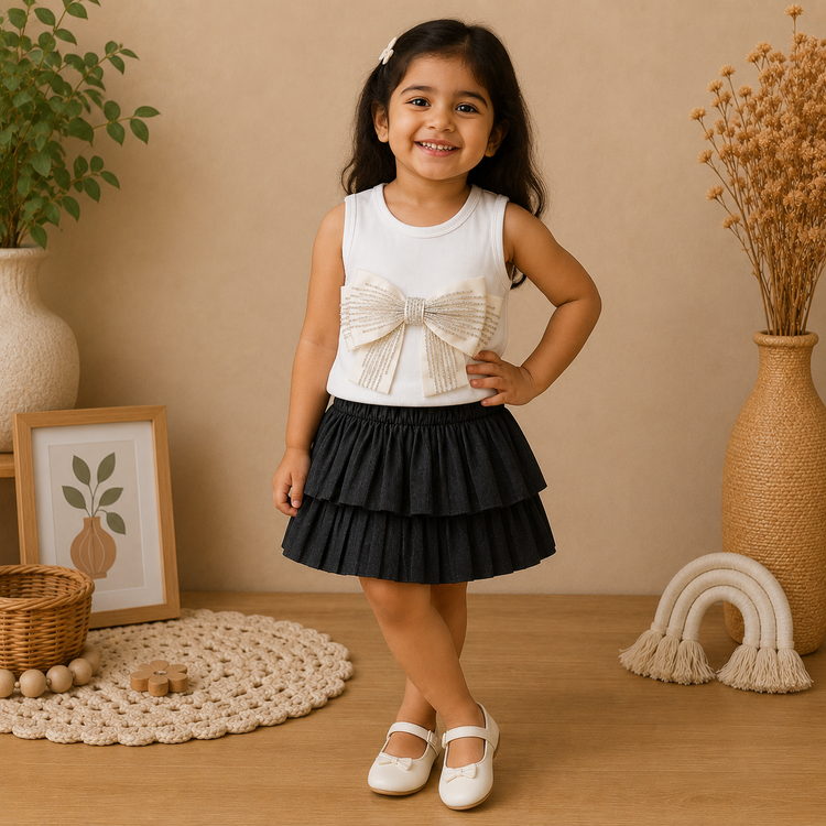 Bow Embellished Top with Layered Skirt Set