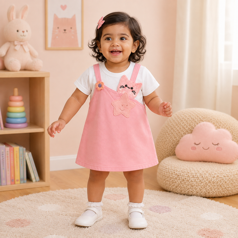Girls Kitty Layered Dress – Pink