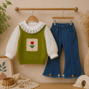 Floral Embroidered  Top with Denim Flare Pants  and Shirt Set