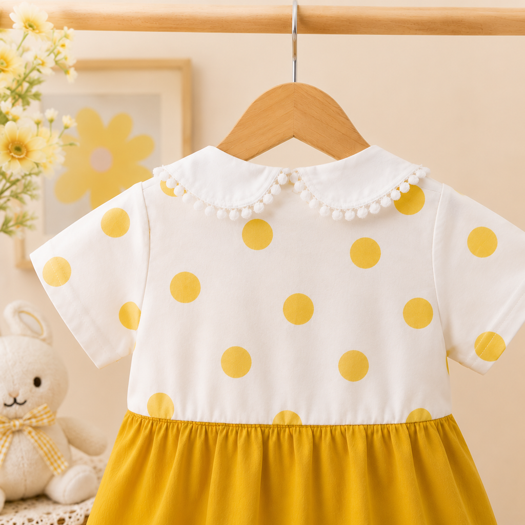 Girls Yellow Bunny Appliqué Cotton Frock with Attached Polka Dot Top