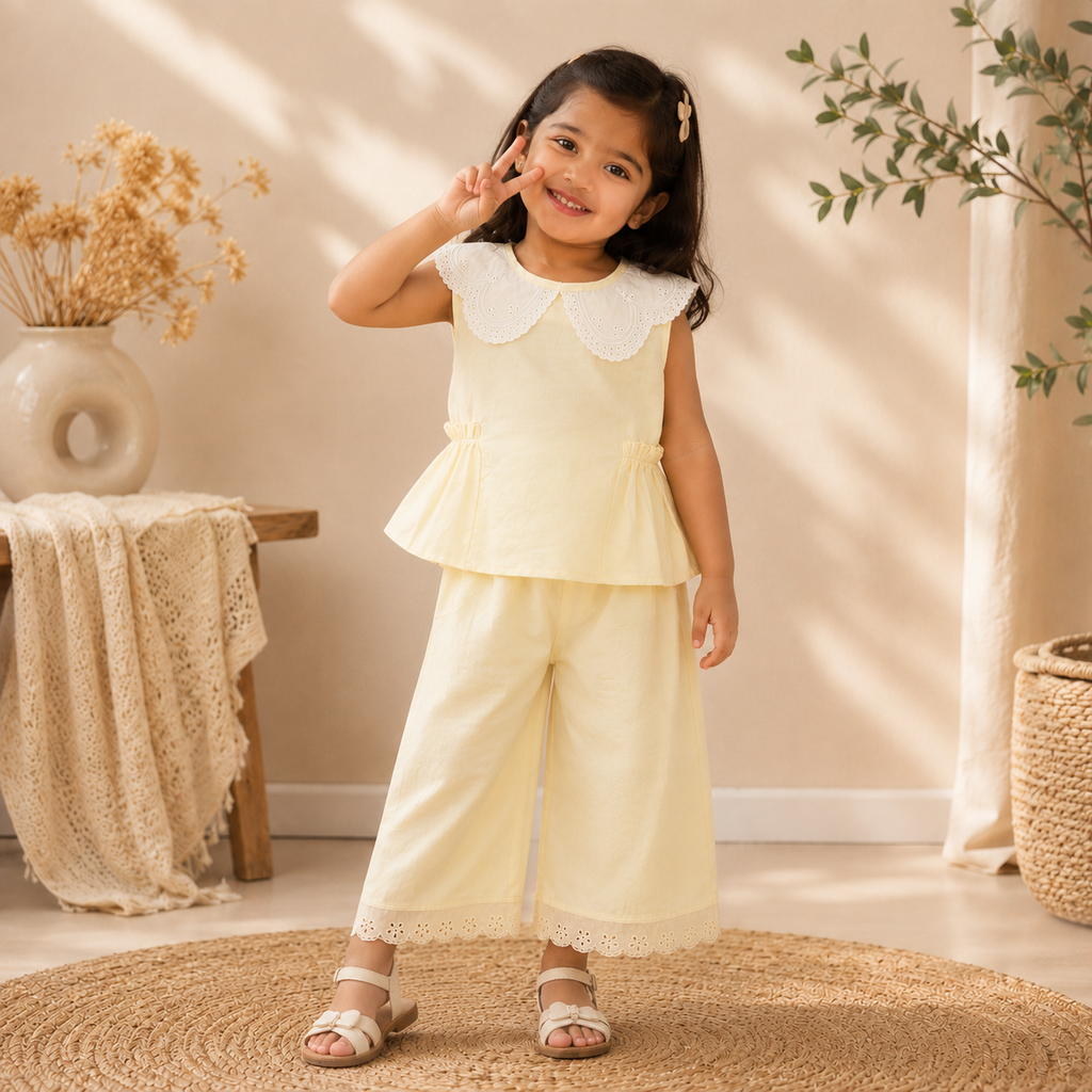 Girls Lemon Yellow Embroidered Collar Top & Wide-Leg Pants Co-ord Set