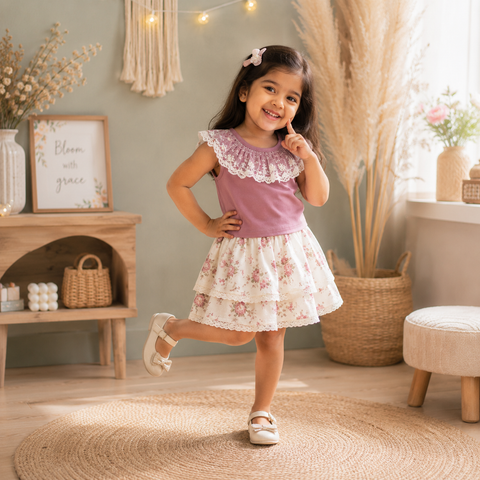 Girls Lace Top & Floral Skirt Set