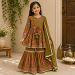 Girls Olive Green Floral Sharara Set with Dupatta