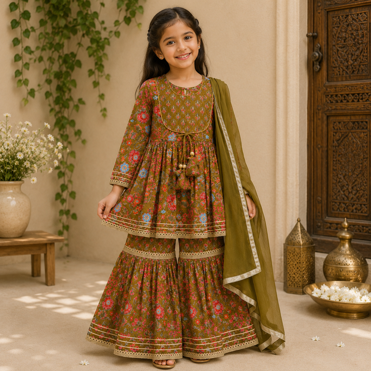 Girls Olive Green Floral Sharara Set with Dupatta
