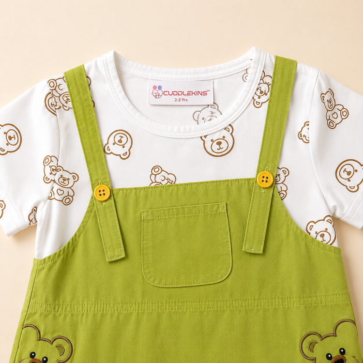Girls Bear Print Layered Cotton Frock with Teddy Embroidery