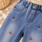 Kids Light Blue Wide-Leg Denim Jeans with Cherry Embroidery & Elastic Waist