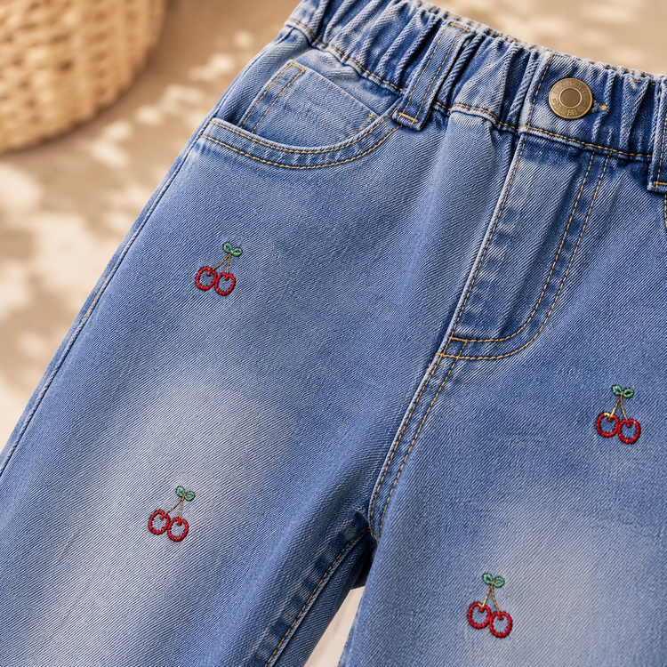 Kids Light Blue Wide-Leg Denim Jeans with Cherry Embroidery & Elastic Waist