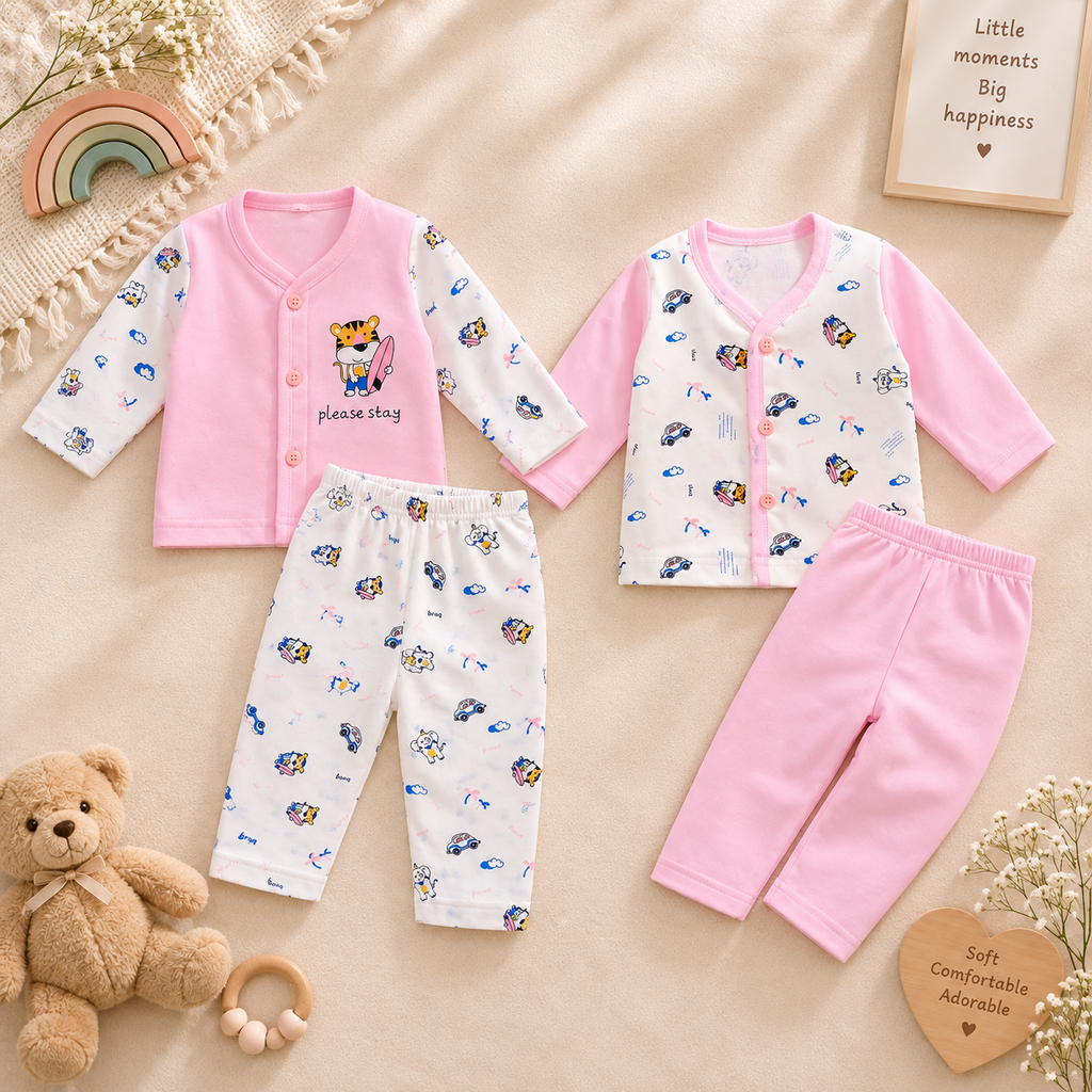 Baby Pink Cotton Newborn Clothing Set (2 Pair set)