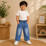 Kids Dark Blue Relaxed Fit Denim Jeans with Elastic Waist